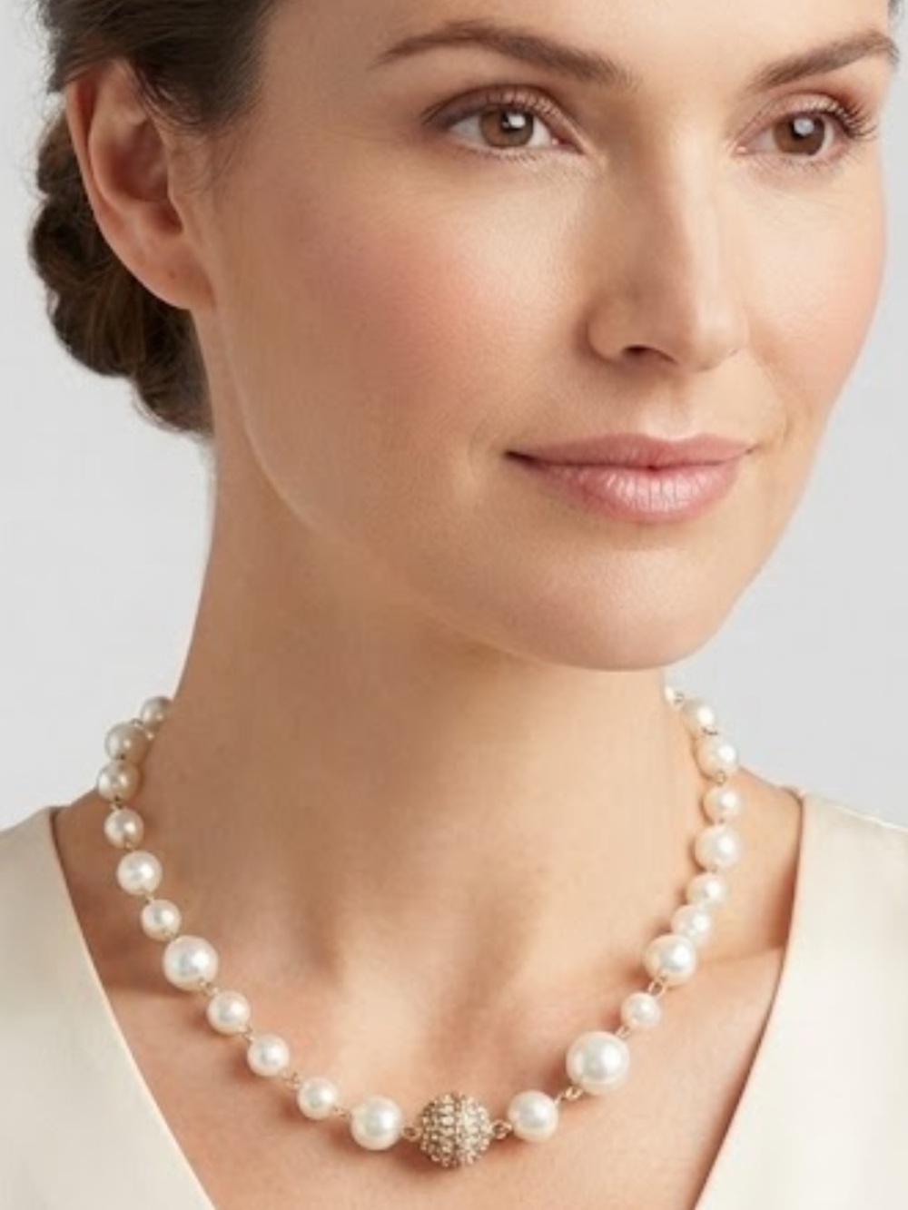 Dress Barn Pearl Necklace with Pavé Accent Bead - White